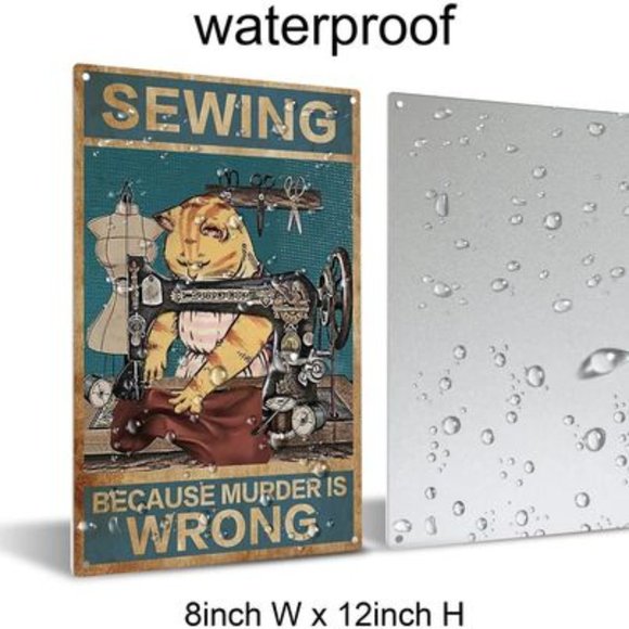 Retro Tin Sign, Cat Sewing Because Murder is Wrong Wall Sewing, Poster 8x12" - Picture 3 of 5